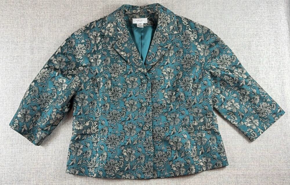 Nine West Woman Blazer 16W Teal Floral Jacquard 3/4 Sleeve Plus Size Jacket